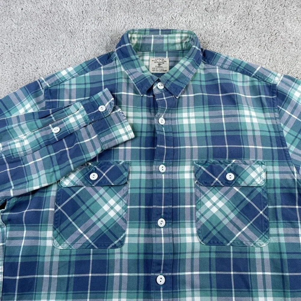 J‎ Crew Shirt Mens Medium Blue Green Plaid Flannel Workwear Button Up